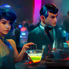 Stylish individuals with retro hairstyles in a luxurious bar ambiance.