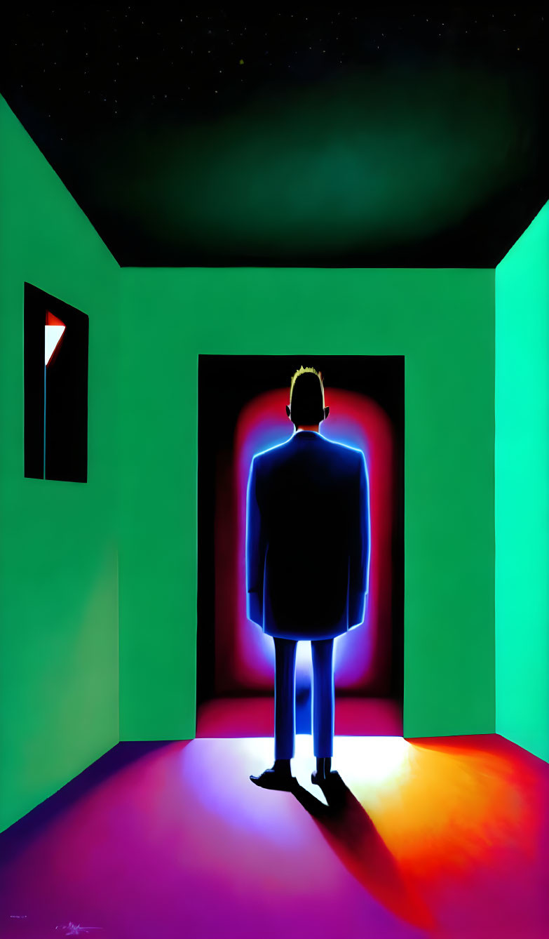 Silhouetted man in neon-lit room with green walls and starry sky.