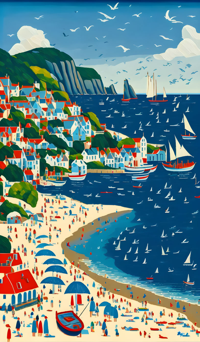 Colorful Coastal Village: Beach, Boats, and Cliffs under Blue Sky