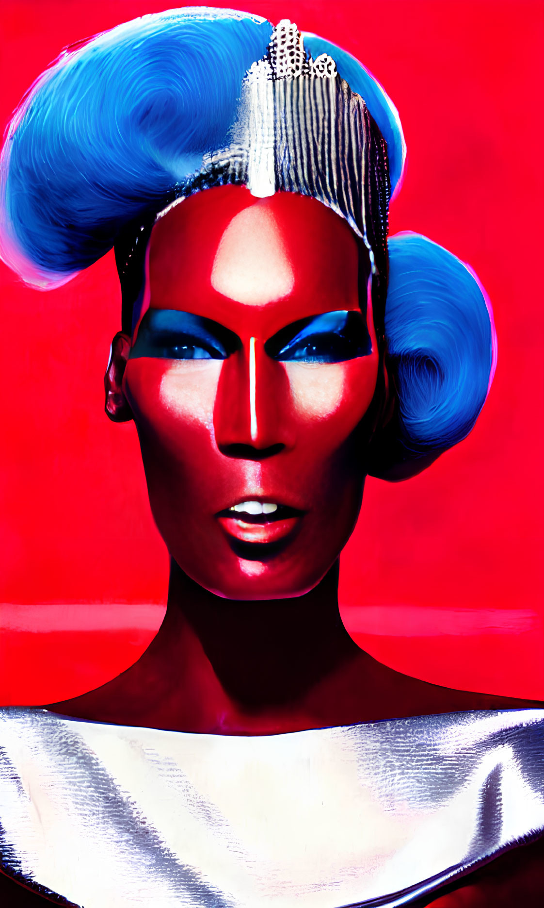 Artistic makeup with blue tones, sculpted cheekbones, and blue hair on red background