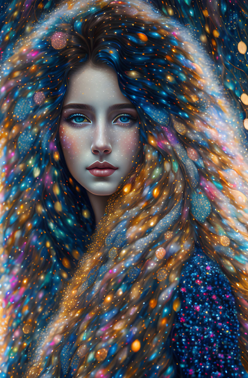 Surreal portrait of woman with flowing cosmic hair in blue, orange, and gold.