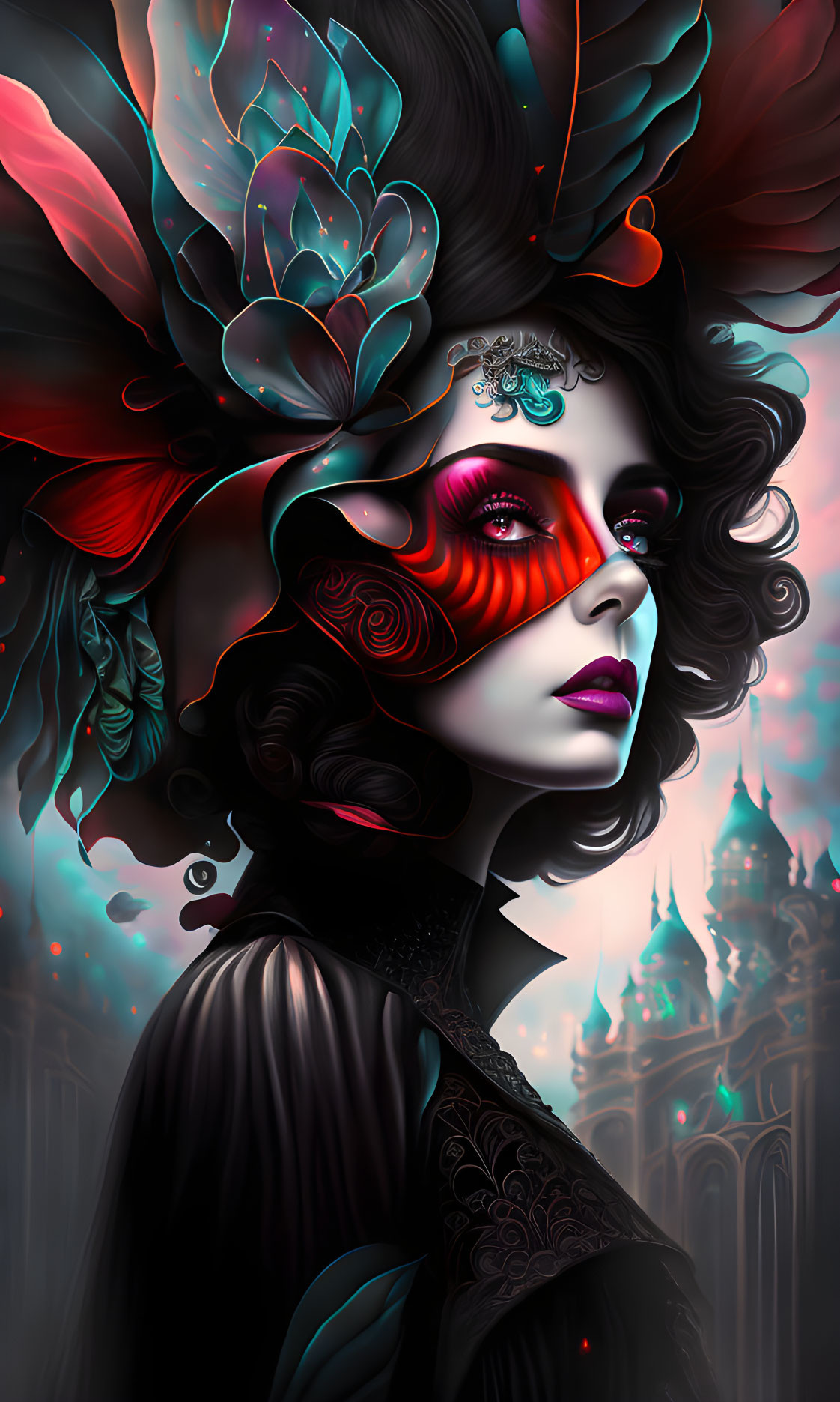 Colorful floral woman portrait with red eyes and gothic backdrop