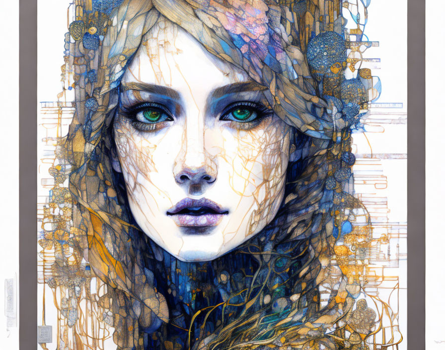 Vibrant abstract portrait of a woman with colorful eyes and intricate patterns.