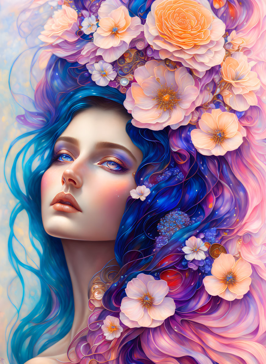 Vibrant blue hair woman with pastel flower adornments in colorful illustration