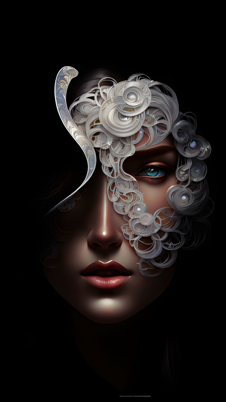 Digital artwork featuring woman's face with stylized white curls and swirling pattern