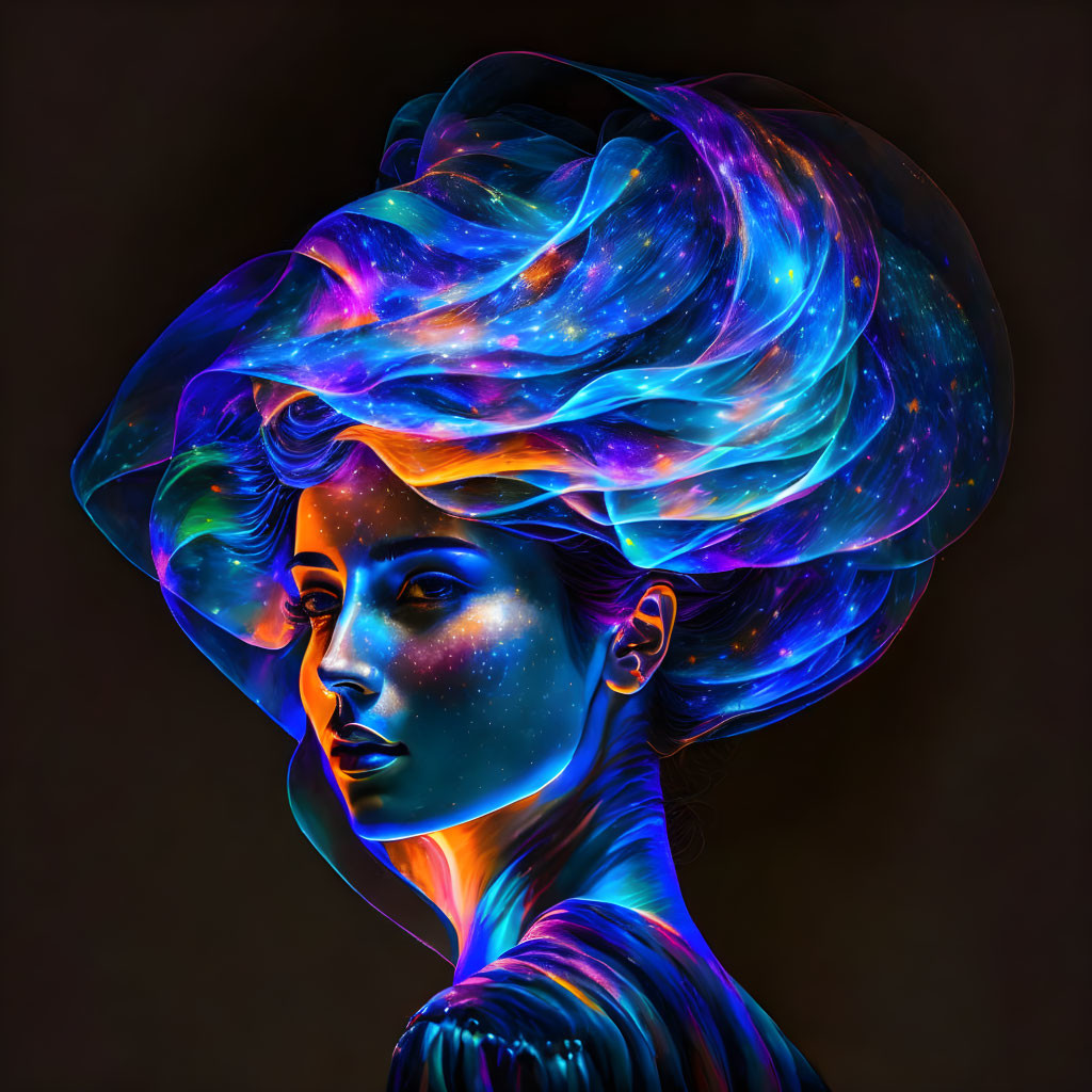 Colorful digital artwork: Woman with cosmic hair in blue and purple on dark background