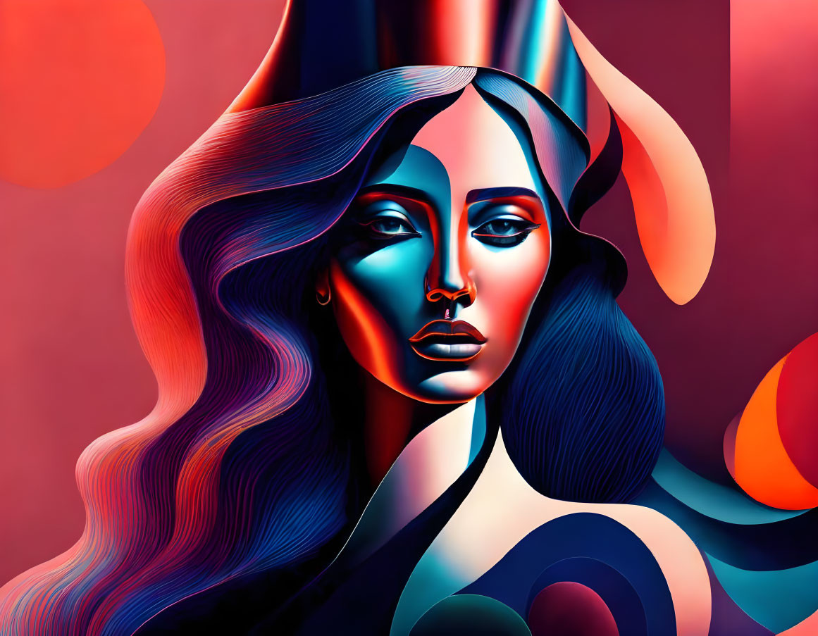 Stylized female figure with flowing hair and abstract shapes in vibrant environment