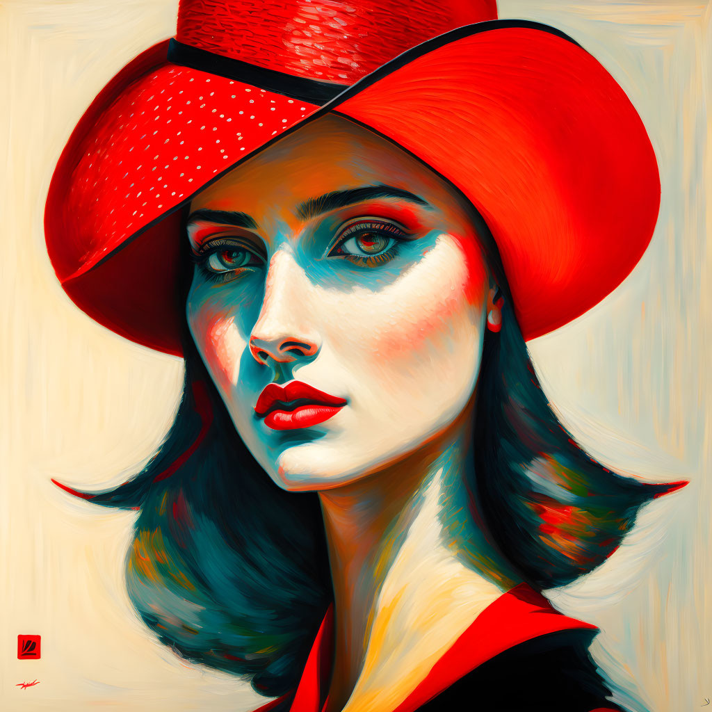 Vibrant portrait of woman with blue eyes and red lipstick in red hat on yellow background