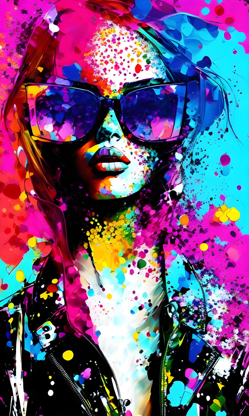 Colorful digital artwork: woman with sunglasses and headphones in vibrant paint splatter.