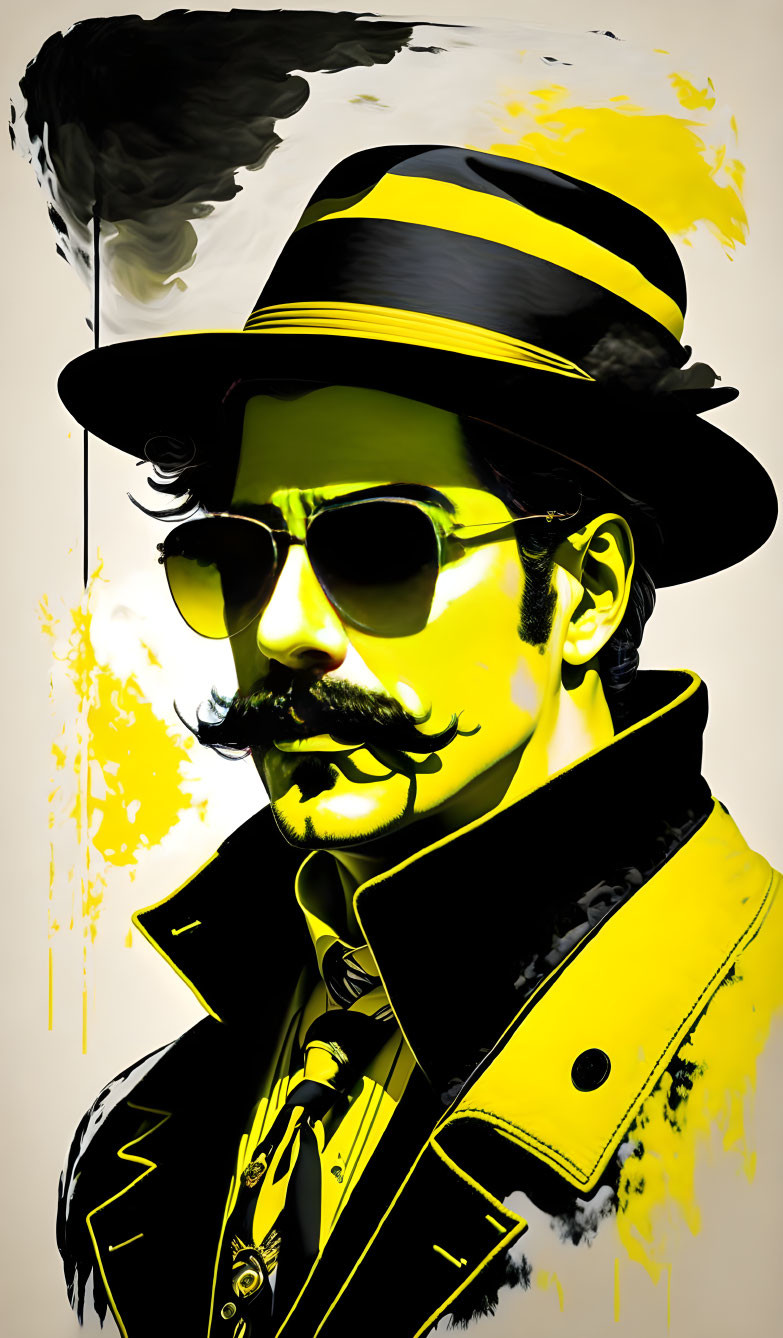 Stylized man in yellow attire with hat and sunglasses on yellow and black splattered background