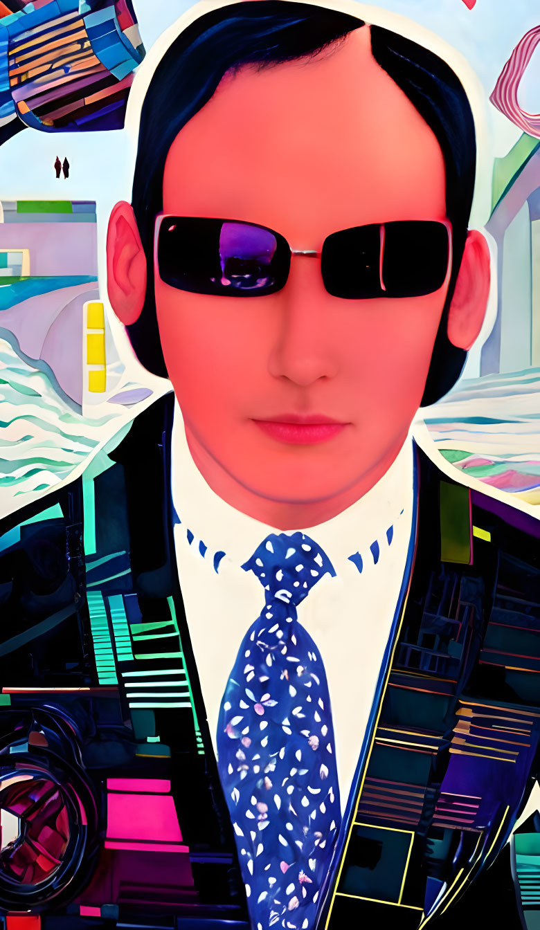 Abstract digital art of person with sunglasses and patterned tie on vibrant background