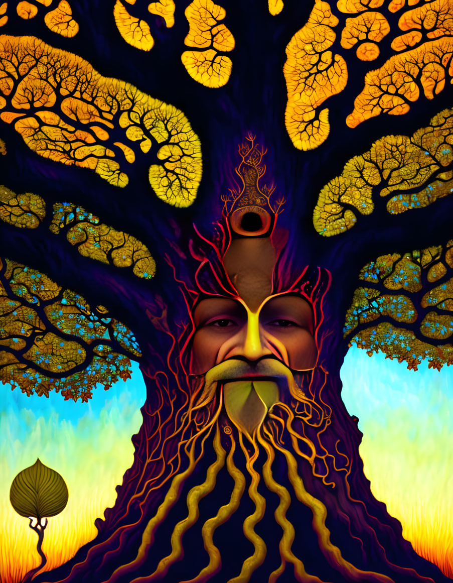 Colorful Tree with Human-like Face and Patterned Canopy