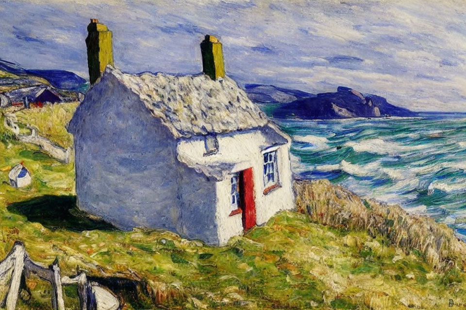 Blue and White Cottage with Red Door by the Sea Amidst Wild Waves