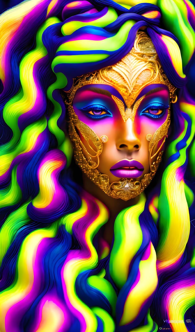 Colorful digital artwork of female figure with wavy hair and gold facial adornments on psychedelic backdrop