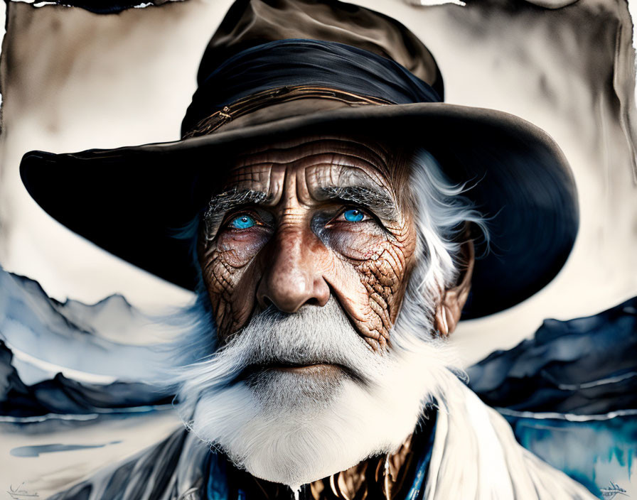 Elderly man with deep wrinkles and blue eyes in wide-brimmed hat