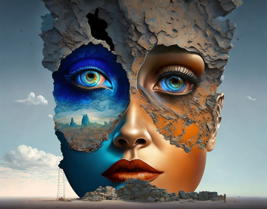 Surreal artwork: Woman's face fragmenting with blue eyes in desert landscape