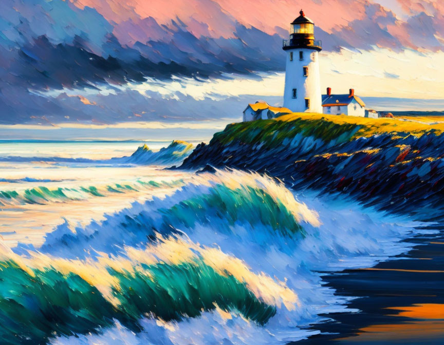 Lighthouse painting with crashing waves and dramatic dusk sky