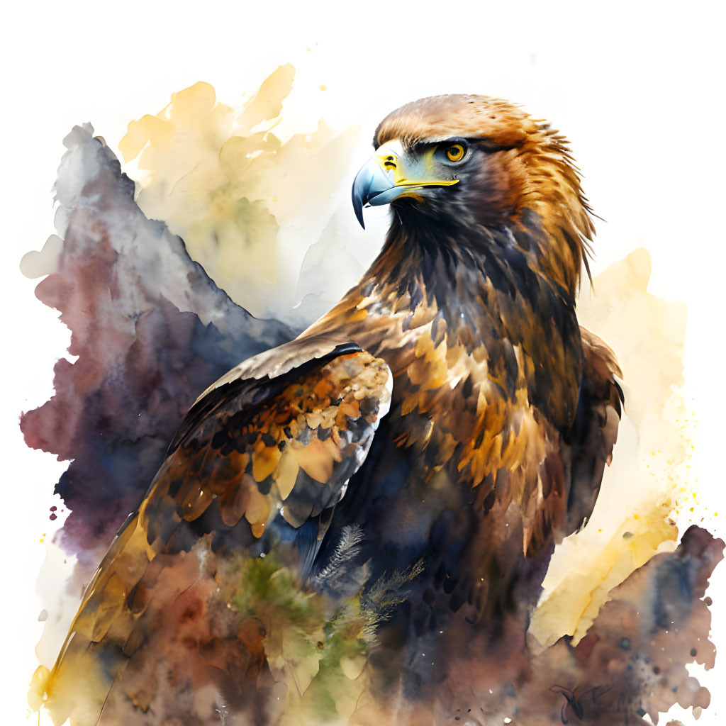 Detailed Golden Eagle Illustration with Watercolor Splash