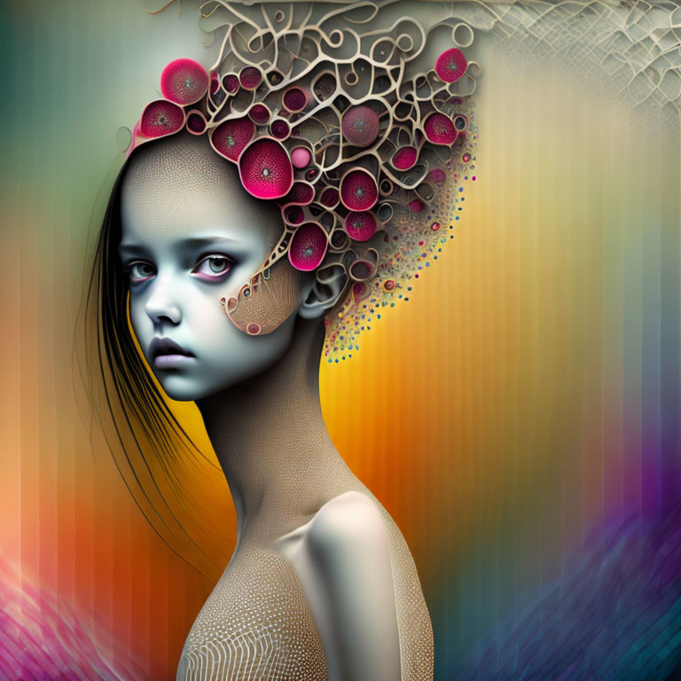 Digital Artwork: Girl with Surreal Circular Headpiece & Vibrant Background