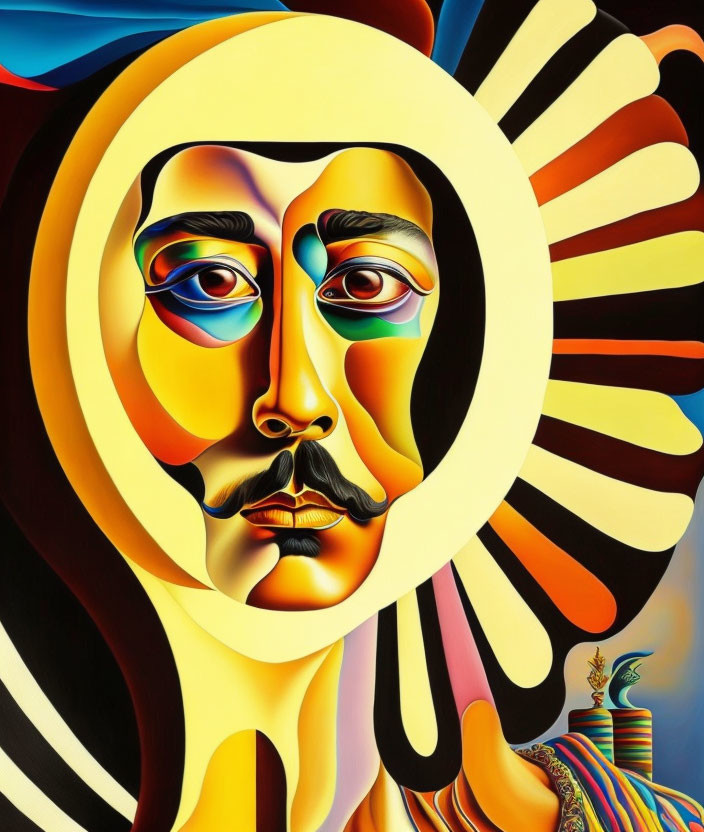 Colorful Surrealistic Portrait with Golden Halo and Abstract Shapes