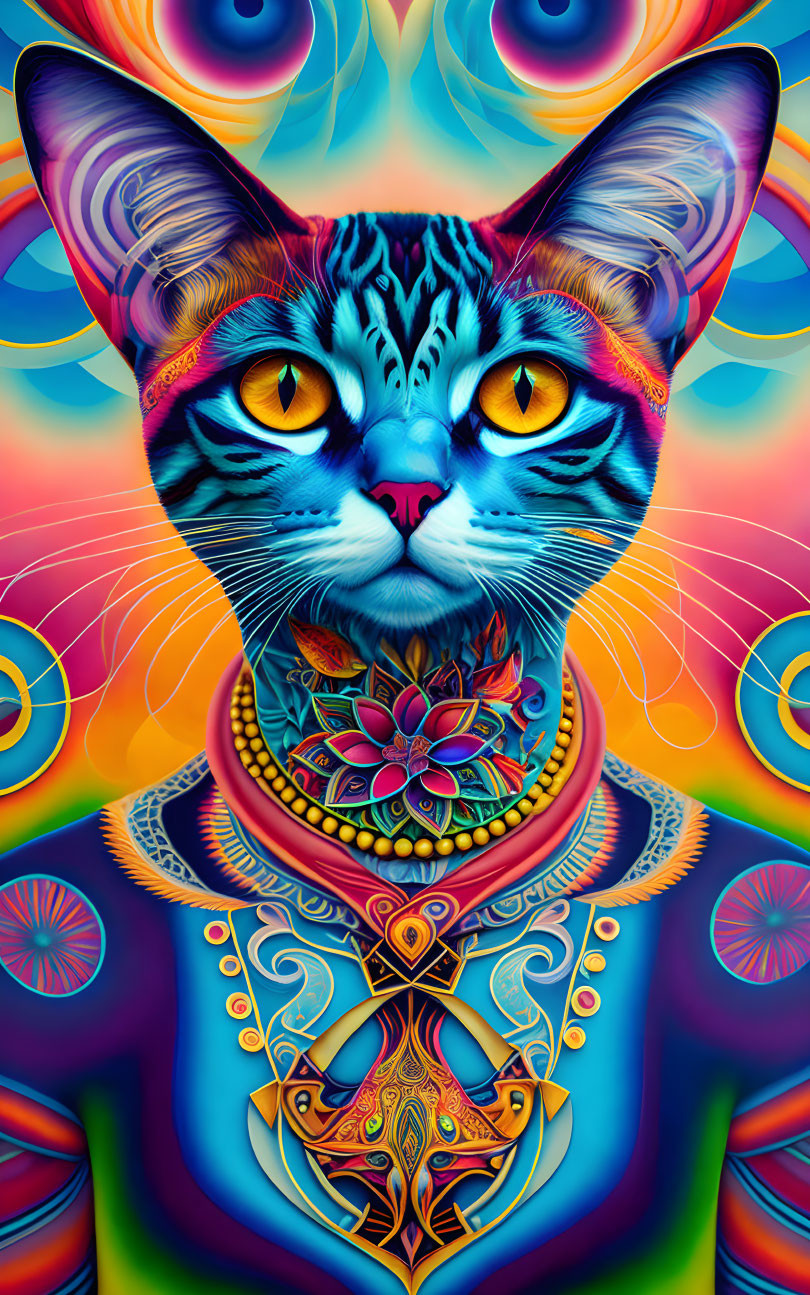 Colorful Psychedelic Cat Artwork with Swirling Background