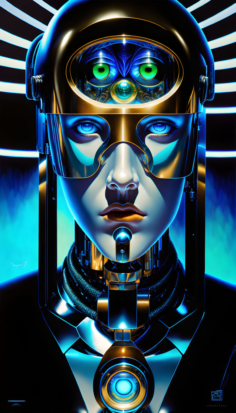 Vibrant blue and gold futuristic robotic face on black background