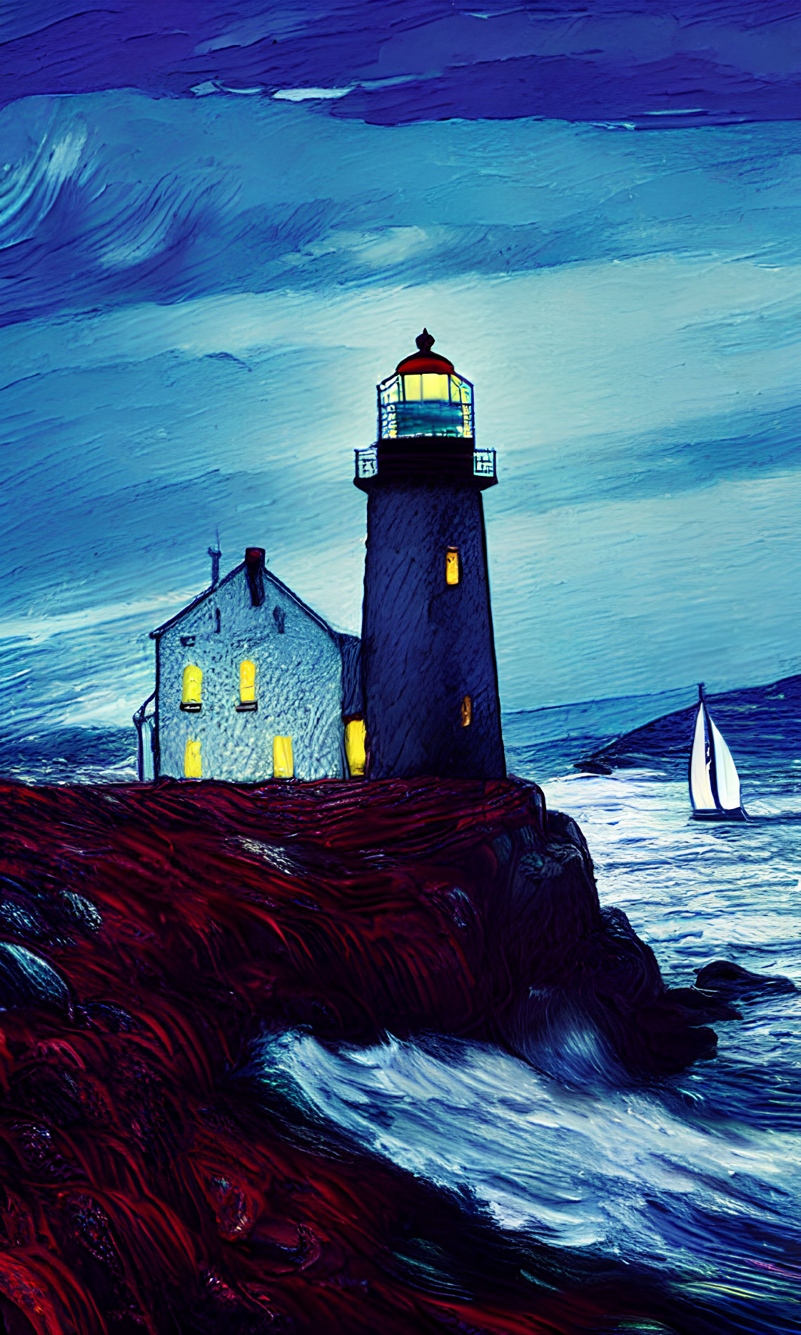 Digital painting of lighthouse on rocky coast at night with sailboat in distance