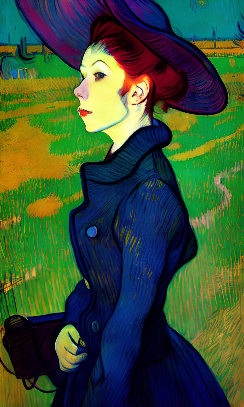 Stylized portrait of woman with red hair in wide-brimmed hat on yellow-green background