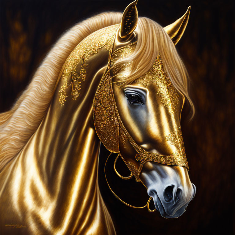 Golden Horse with Ornate Gold Bridle on Dark Background