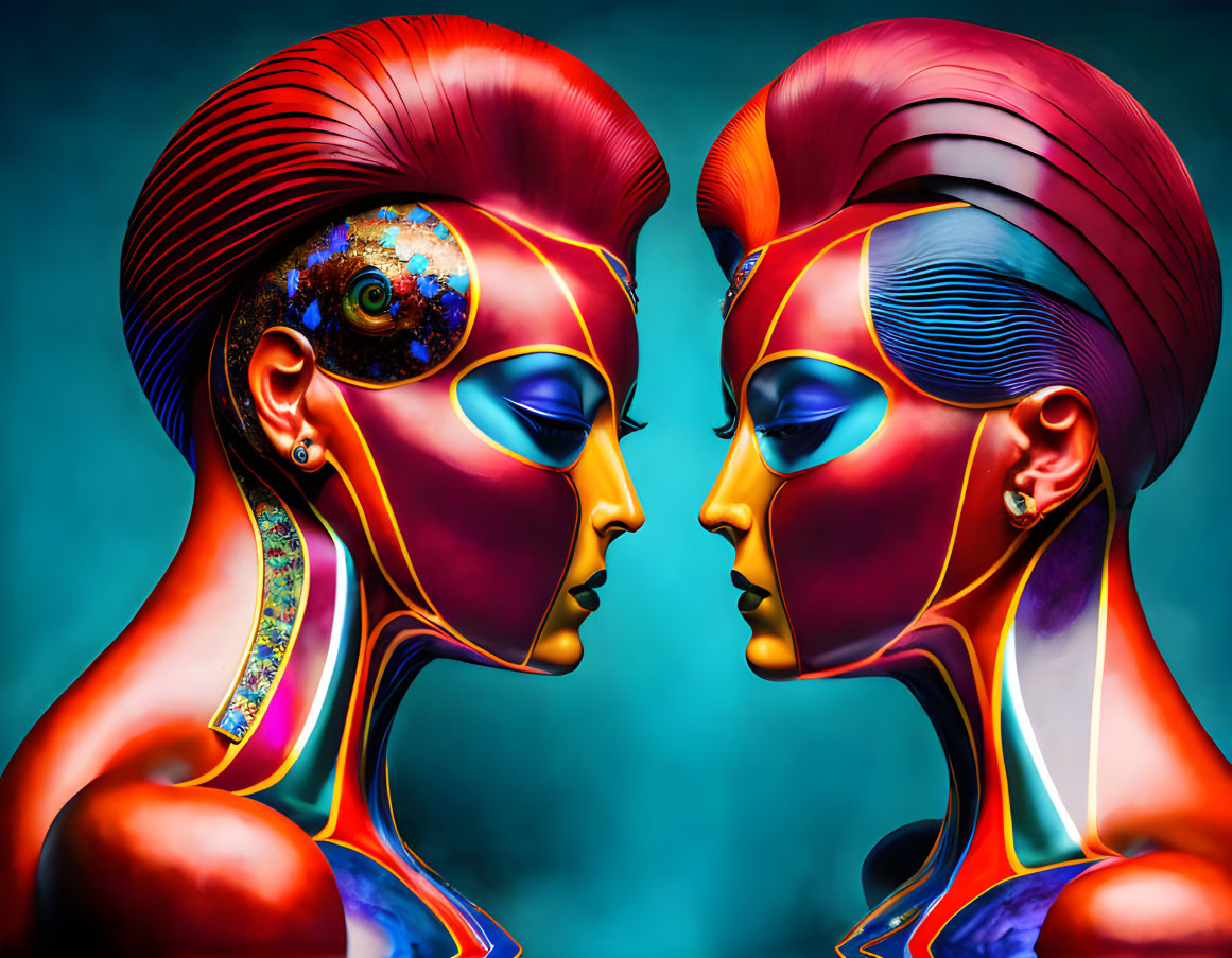 Vibrant humanoid figures in futuristic art against teal backdrop