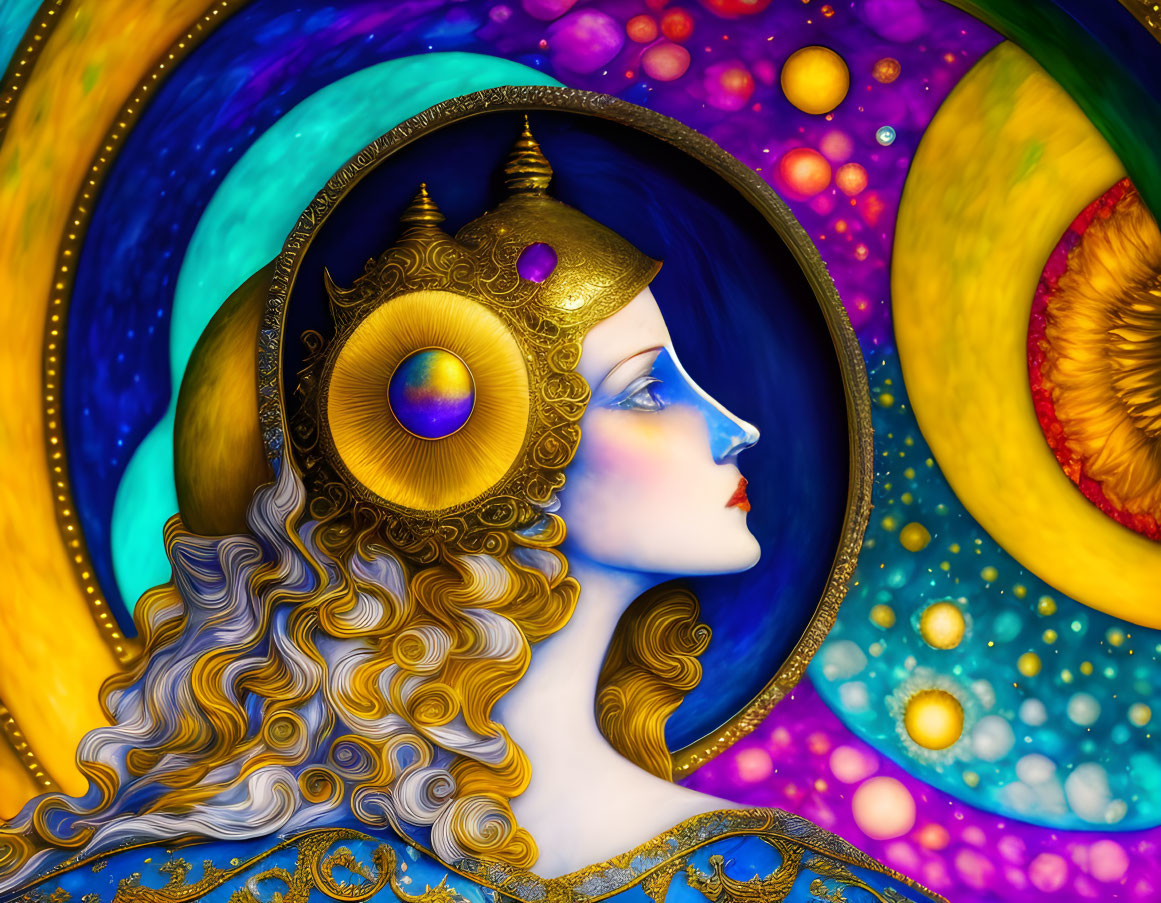 Colorful profile view of a woman with blue skin and golden headdress