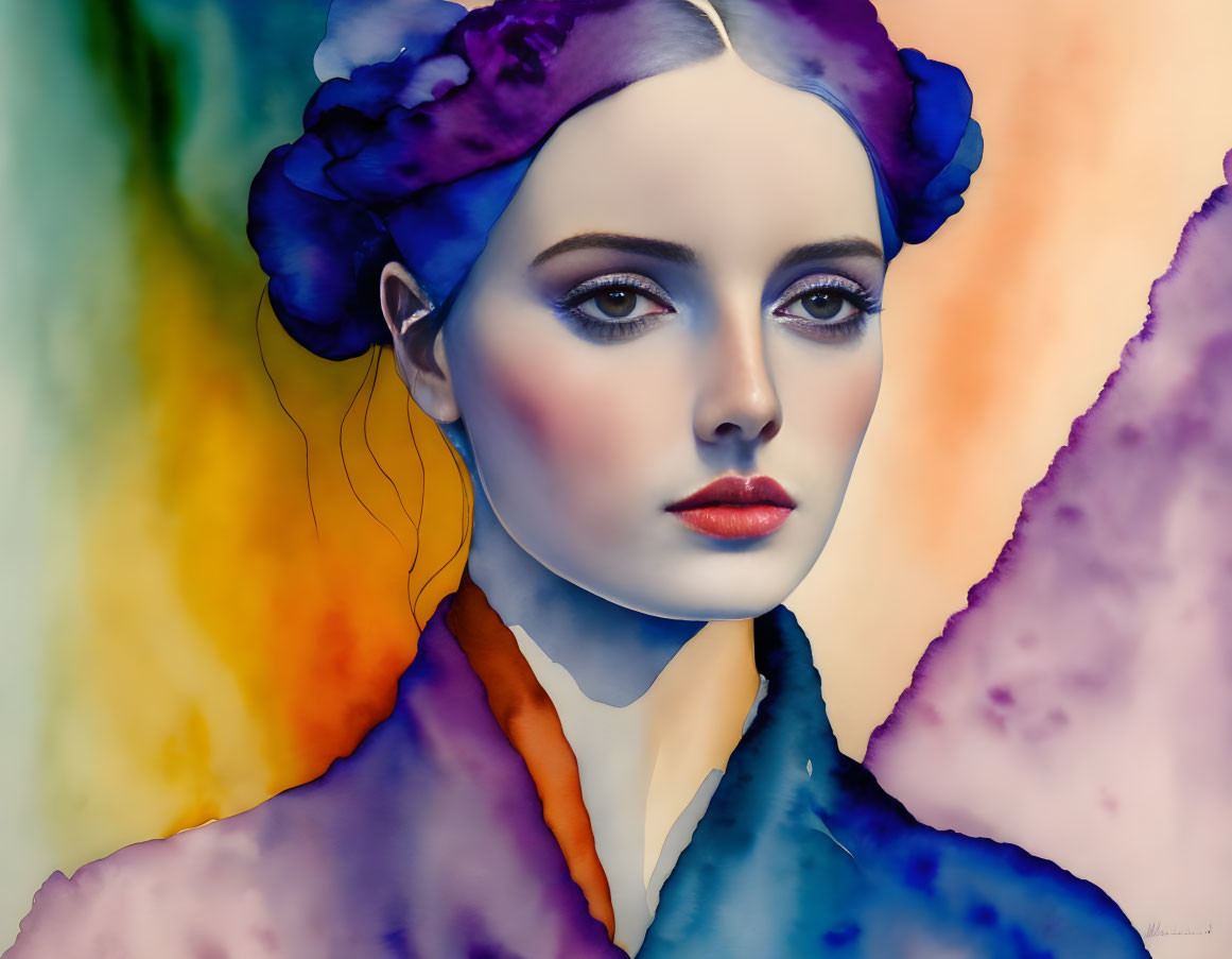 Woman with stylized makeup & floral headpiece on vibrant watercolor background