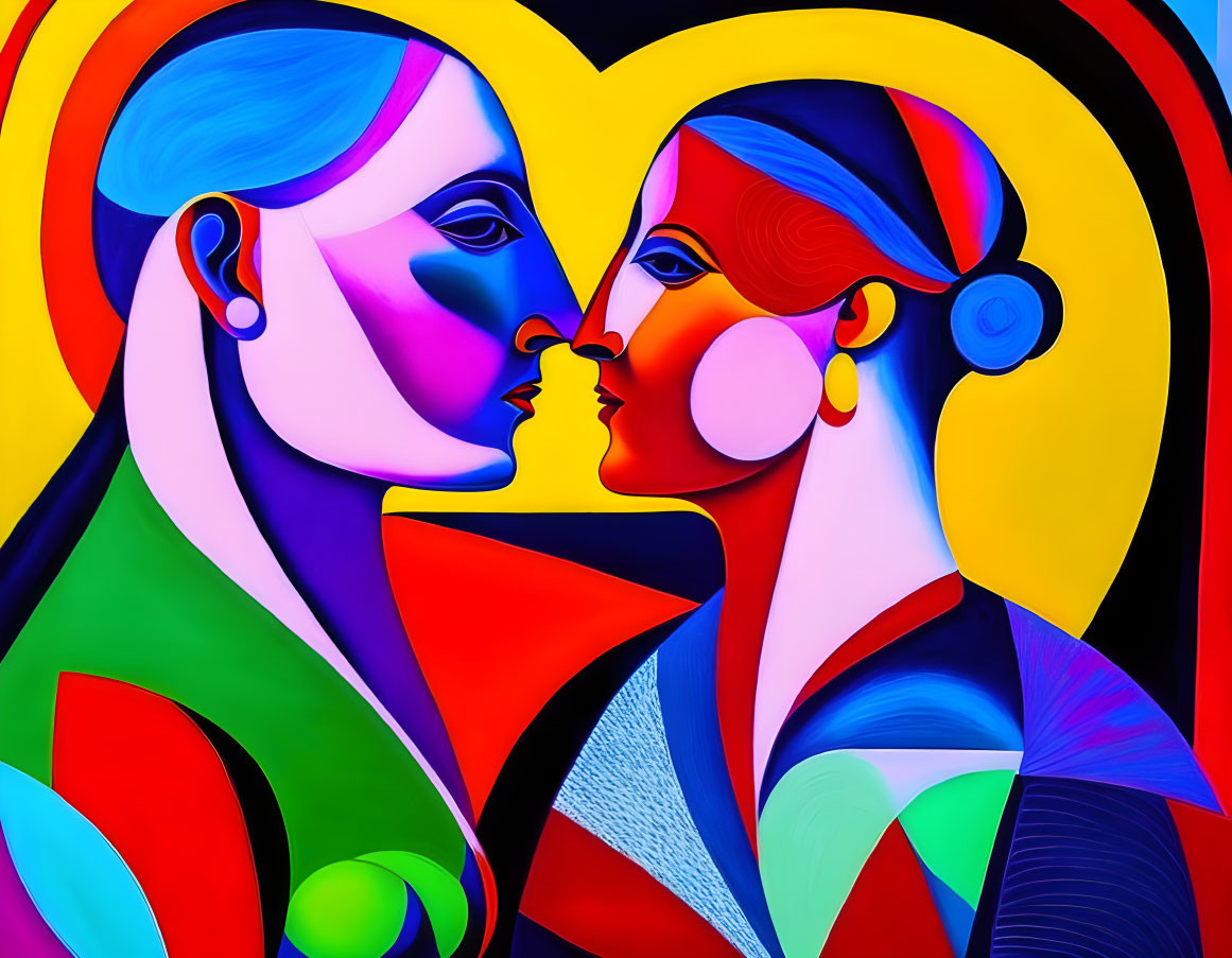 Colorful stylized faces in profile on vibrant background with heart-like shapes
