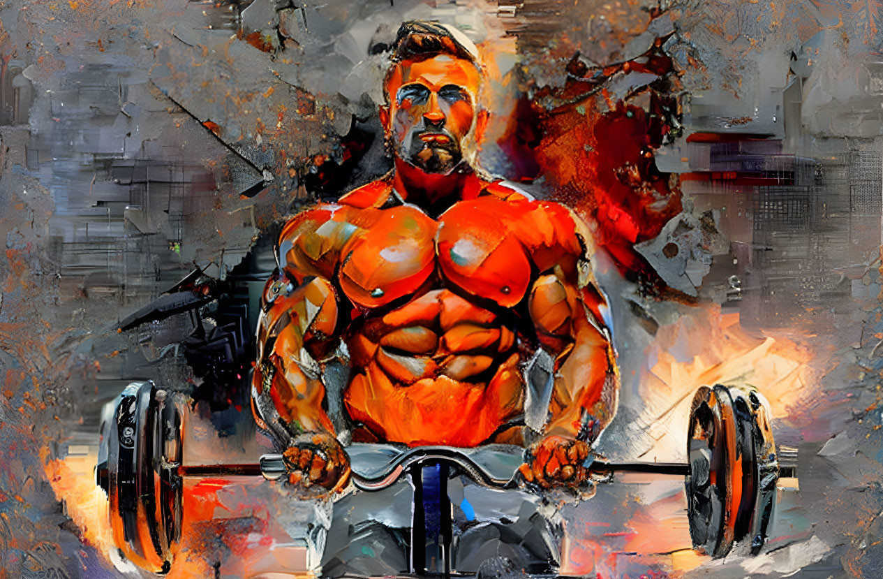 Muscular man doing bicep curl with barbell in fiery abstract backdrop