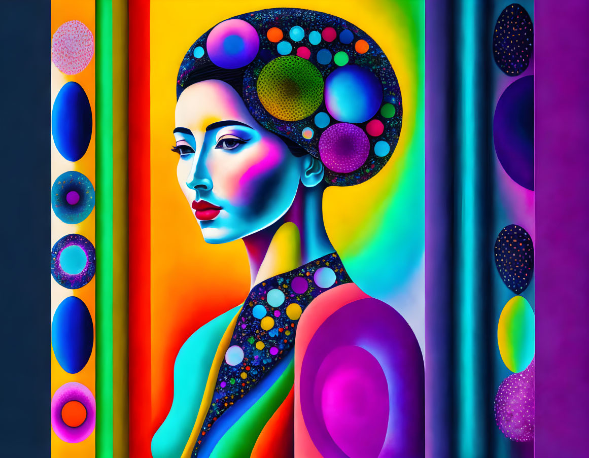 Vibrant portrait of stylized woman with decorative patterns on hair and body