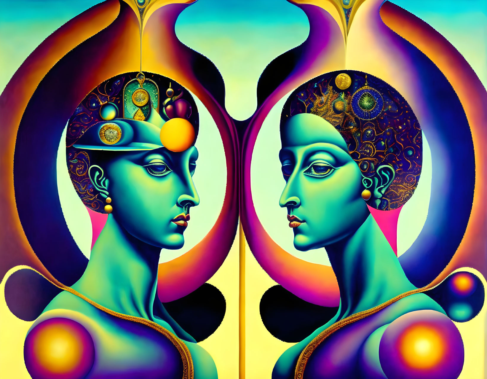 Symmetrical colorful stylized profile portraits with ornate headdresses