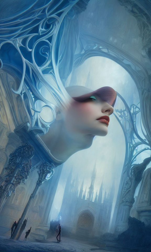 Surreal artwork: Giant woman's face merges with gothic cathedral in blue landscape