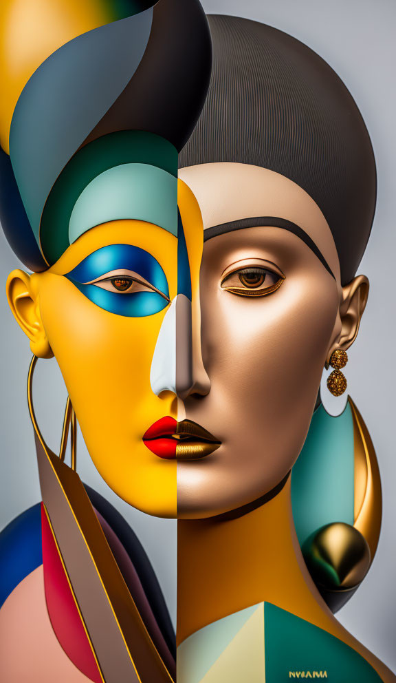 Split-face portrait of two stylized female faces in digital art.