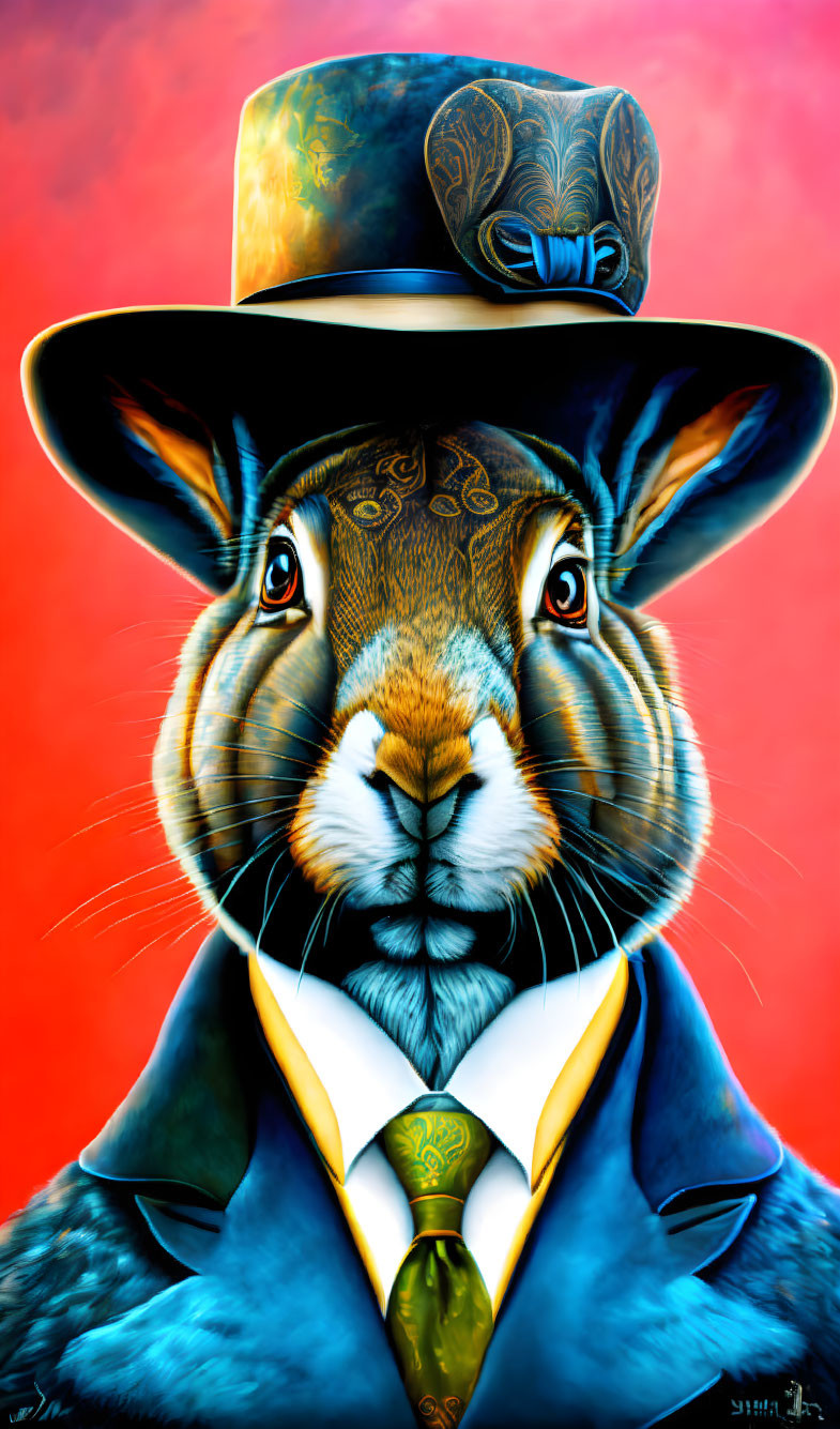 Colorful Rabbit in Blue Coat and Top Hat on Red-Orange Background