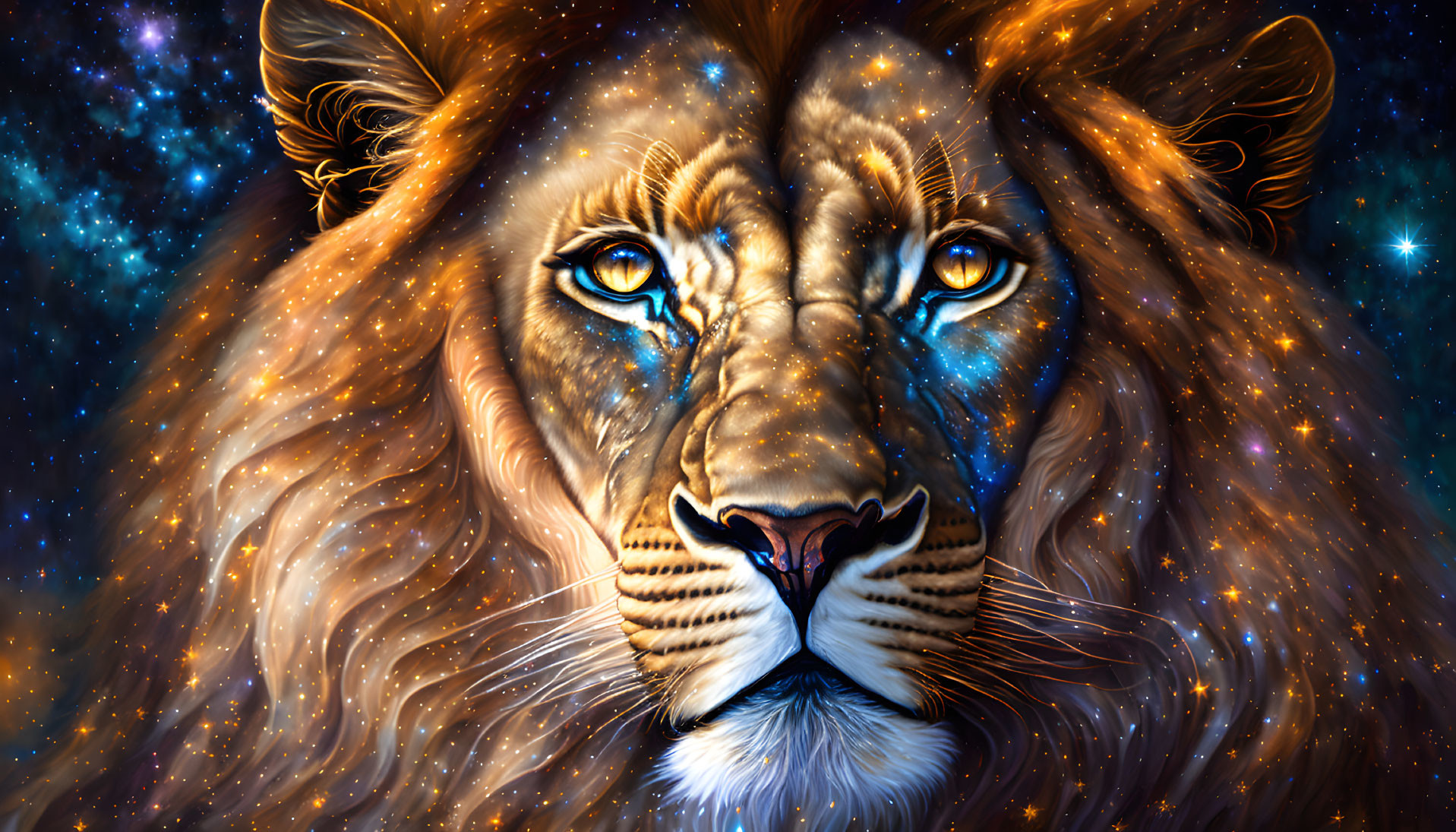 Digital Art: Majestic Lion with Cosmic Mane & Blue Eyes