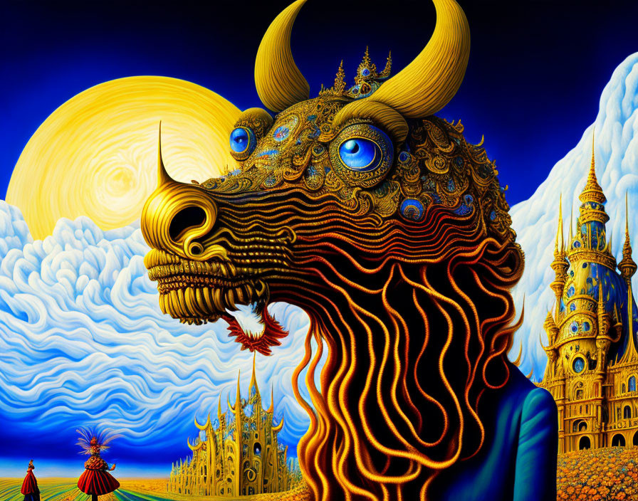 Surrealist artwork: Detailed dragon-like creature under yellow moon