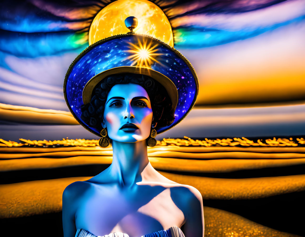 Portrait of a woman with celestial hat in surreal sunset landscape