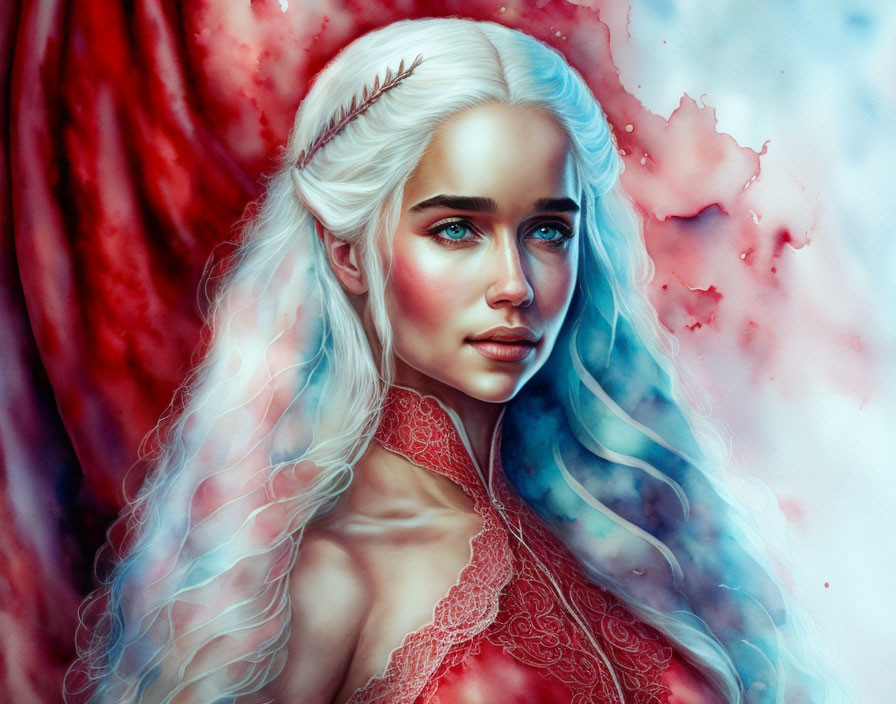 Digital artwork: Pale-skinned woman with icy-blue eyes, white hair, and red flowing garment.