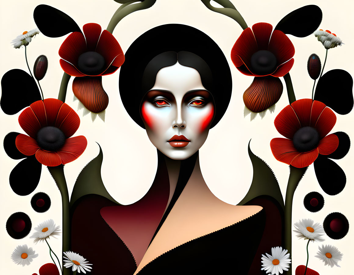 Surreal portrait of a woman with antler-like features and red poppies on cream background