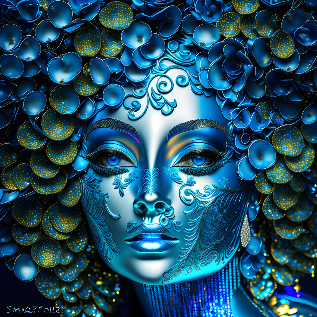 Detailed digital artwork of face with blue and gold floral patterns