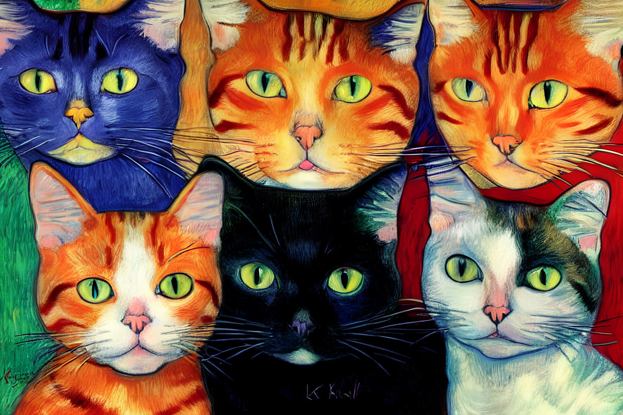 Vibrant artwork featuring six cats with unique fur patterns and expressive eyes