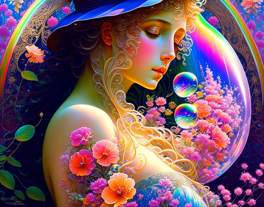 Colorful Woman Surrounded by Flowers and Bubbles in Ornate Background