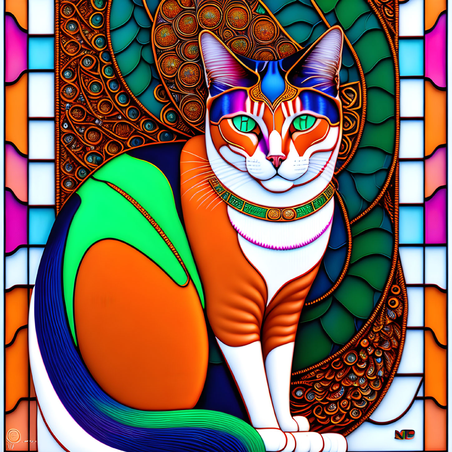 Colorful Cat Artwork with Mandala Background