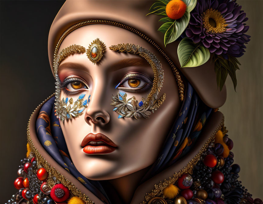 Digital artwork: Woman with ornate makeup and accessories, floral and fruit motifs on soft backdrop