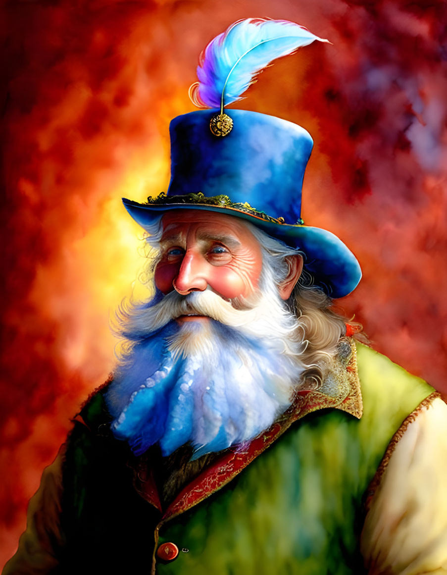 Illustrated gentleman in blue hat with feather, white and blue beard, green vest on fiery background